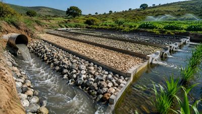 Every day, 50,000 litres of polluted water flow from South Africa's Stiebeuel River into natural filter beds, where stones, sand and biochar clean it in 5 days, removing 99% of harmful bacteria and creating water for irrigation