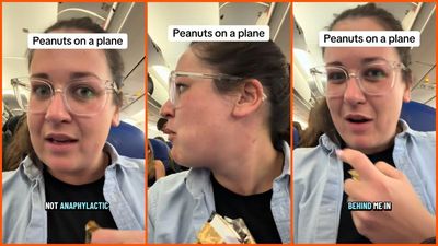Woman films herself eating peanut chocolate before her flight. Then a passenger behind her makes a pointed remark: ‘It’s my birthright’