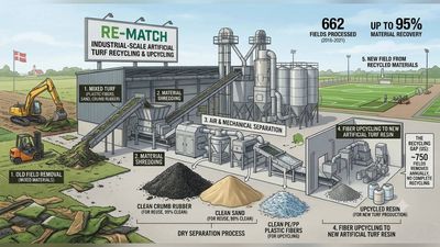 In 2016, Denmark opened a plant using dry separation to recycle artificial turf. 5 years later, it had processed 662 fields and recovered up to 95% of their materials