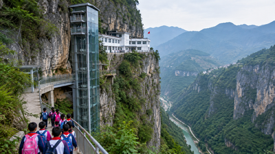In China’s Nizhuhe village, a 945-foot cliffside elevator has cut a dangerous 3-hour school journey to about 30 minutes