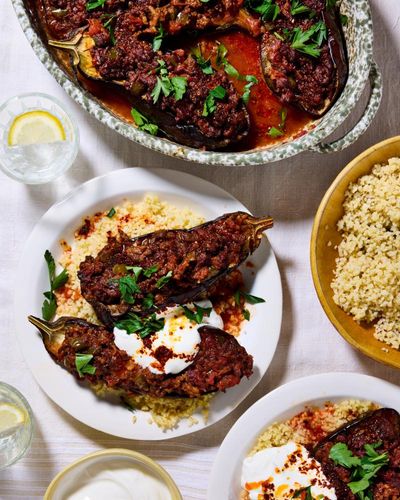 Thomasina Miers’ recipes for spiced lamb-stuffed aubergine with aleppo chilli butter, and berry ripple ice-cream