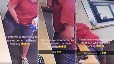 Woman digs in and smells what she finds on her finger while working behind the counter. Then she’s caught stealing money from the cash drawer
