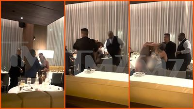 She sits on another man’s lap at Beverly Hills steakhouse after hearing Arabic being spoken. Then the hair-pulling begins at the high-end night out