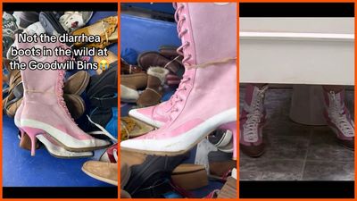 Woman is searching through Goodwill bins. Then one questionable ‘White Chicks’ find stops her in her tracks: ‘not the diarrhea boots’