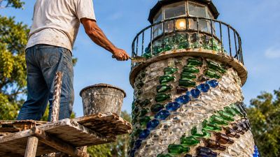 In 2012, a retired Florida art professor began cementing discarded bottles into his yard: more than 6,000 bottles, later, he built a house, lighthouse, and giant geodesic sphere