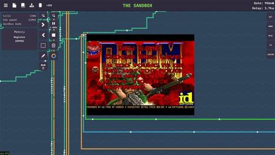 AI coder gets Doom running on a custom CPU designed by GPT-5.6 Sol — game viewport is overlaid on a pulsing schematic of the CPU in Turing Complete's sandbox environment