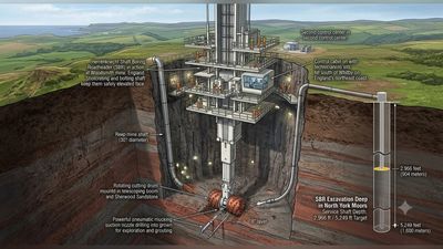 England used a 197-foot German shaft-boring machine instead of explosives and workers to cut a mine beneath a national park; the remote system has reached 2,966 feet, with 2,283 feet still to go