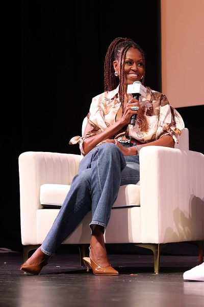 Michelle Obama Wears Carolina Herrera Striped Halter Dress at Martha's Vineyard Author Series