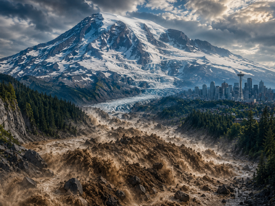 14,410-foot Mount Rainier with 25 major glaciers looms over millions in Washington. Scientists fear what would happen if one suddenly collapses like in Nepal