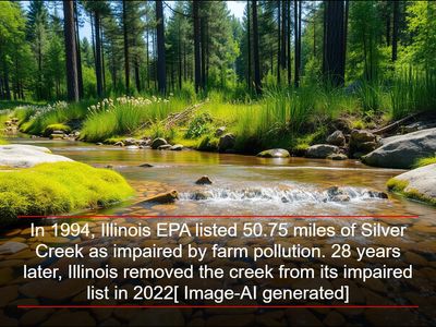 In 1994, Illinois EPA listed 50.75 miles of Silver Creek as impaired by farm pollution. 28 years later, Illinois removed the creek from its impaired list in 2022