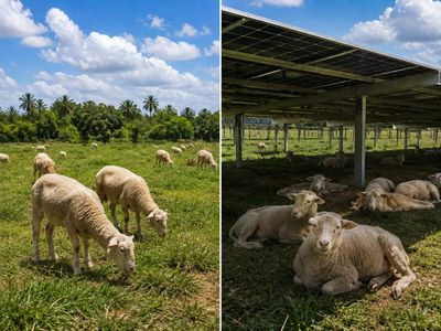 In a 2022 Brazil trial, 52 lambs spent 60 days under solar-panel shade; researchers reported lower body temperatures and about 4% better feed efficiency on hotter days