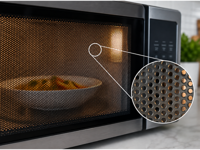 Why does a microwave door have a metal mesh? The tiny holes are doing something important