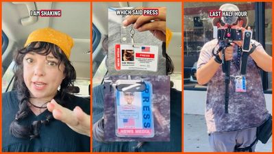 California woman visits post office to find men with allegedly fake press badges filming. When she refused consent, they followed her to her car