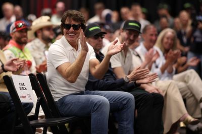 Tom Cruise addresses the NASCAR garage in Daytona driver's meeting about Days of Thunder 2