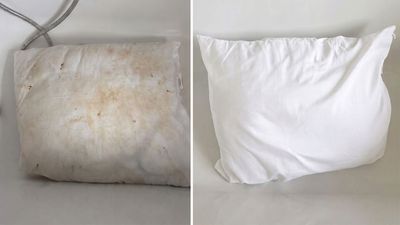 I turned my yellowed pillow bright white again using a $1 medicine cabinet staple