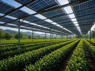 In a 2023 China tea-field trial, bushes grew beneath tracking solar panels; fresh-leaf yield was 15.3% higher while annual average PAR was 52.9% of the control