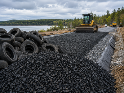 In Maine, engineers turn about 1 million scrap tires a year into lightweight highway fill; the shredded rubber stabilizes embankments built on weak marine clay