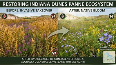 In 2009, Great Lakes IPMT helped restore 1 invaded panne at Indiana Dunes. 17 years later, native flowers now bloom in the wetland where invasive plants once formed a dense monoculture