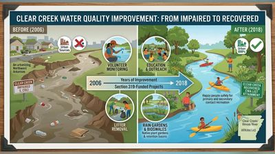 In 2006, Arkansas DEQ listed Clear Creek for E. coli. 12 years later, the creek attained the recreation standard in 2018, restoring contact recreation after BMP projects