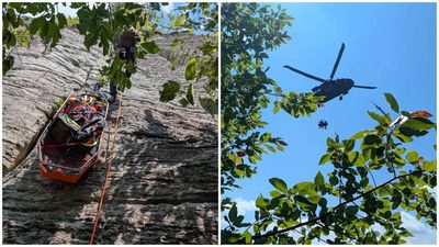 A climber fell 15 to 20 feet on a 350-foot North Carolina cliff; a rescuer ran 1.5 miles through a gorge carrying blood to keep him alive