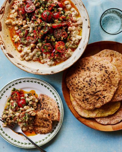 Sami Tamimi’s recipes for musabaha (warm chickpea dip) and turmeric and nigella seed flatbreads