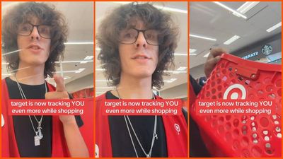 Target worker points to a device attached to store baskets. Then declares customers are being tracked for data