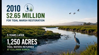 In 2010, federal wildlife trustees secured $2.65 million for San Francisco Bay tidal marsh restoration. 5 years later, tidal waters returned to 1,250 acres at Cullinan Ranch