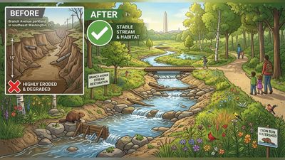 In 2020, DC's DOEE restored 500 feet of stream at Branch Avenue Park. Six years later, a site where the streambed had eroded by more than 15 feet was transformed, opening parkland for people