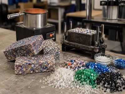 In 2022, Duke students shredded and melted plastics 1, 2, 4 and 5 into bricks; a $248.84 setup produced blocks holding over 5,000 N in compression tests