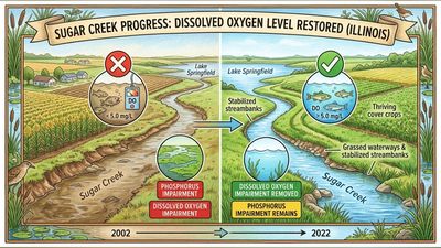 In 2002, Illinois listed Sugar Creek as polluted by 2 water-quality problems. 20 years later, 1 was cleared after cleanup efforts helped restore healthy oxygen levels