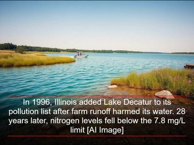 In 1996, Illinois added Lake Decatur to its pollution list after farm runoff harmed its water. 28 years later, nitrogen levels fell below the 7.8 mg/L limit