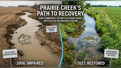 In 2012, Indiana farmers adopted cover crops that helped stop 5,695 tons of soil from reaching waterways each year. 9 years later, Prairie Creek scored 50 and was removed