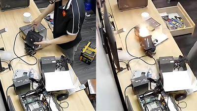 Questionable PC power supply 'explodes,' bursts into flames the moment it's plugged into a socket in viral video — video captures moment repair shop worker avoids disaster