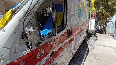'This is not a film': Bullet-riddled Ukrainian ambulance displayed by Russian embassy in Lisbon