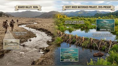 In 2015, California's Scott River Watershed Council built 2 artificial beaver dams to restore wetlands. 11 years later, juvenile coho survival rose from 8% to 60% in restored habitat