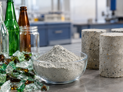 In 2022, a Washington State lab study replaced 20% of cement with recycled glass powder; 56-day strength rose 19% with steel milling, while surface resistivity improved 150% with ceramic milling