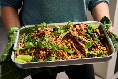 Alice Zaslavsky’s satay-butter charred cabbage wedges with fragrant chicken mince – recipe
