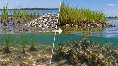 In 2000, NOAA planted 500 square metres of cordgrass and added oyster shell on Pivers Island; the shell mound grew into a living oyster reef