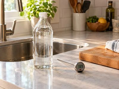 Use undiluted 5% white vinegar at 130°F for 1 minute; Colorado State Extension says it can reduce Listeria, E. coli, and Salmonella by over 99.999% on hard surfaces