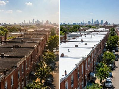 Philadelphia installed white roofs on about 340 low-income seniors’ homes from 2001–2003; ceiling temperatures fell 4–5°F, and air-conditioning electricity use fell by 560 kWh per year