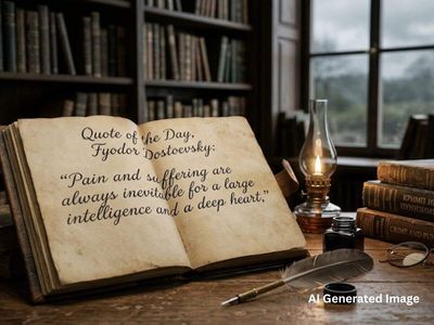 Quote of the Day by Fyodor Dostoevsky: "Pain and suffering are always inevitable for...," a life lesson from Crime and Punishment on greatness and grief