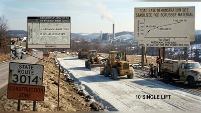 In 1977, Pennsylvania tested an 800-foot road base made with power-plant scrubber sludge; its strength rose from 720 to 1,014 PSI over seven years