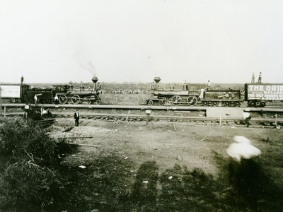 In 1896, 40,000 people traveled to the middle of nowhere in Texas to watch two trains crash intentionally. Two died in the 'The Crash at Crush' event