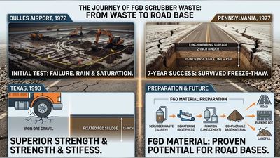 In 1972, FHWA used 5 inches of scrubber waste in a parking-area base at Washington's Dulles Airport. 2 years later, wet weather caused the experimental base to soften and be replaced