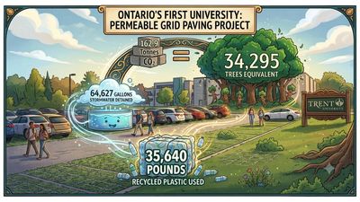 In 2019, Ontario's Trent University created green parking from 35,640 pounds of recycled plastic. 7 years later, the system can hold 64,627 gallons of stormwater on campus
