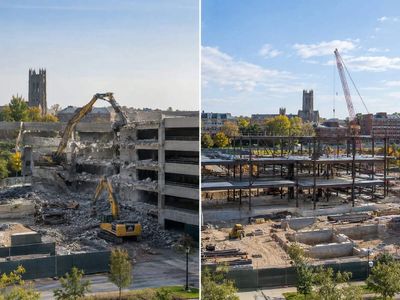 In 2021, UMass Chan dismantled part of its First Road garage for a new research building; 8,445 tons of steel and concrete were reclaimed, 99% by weight
