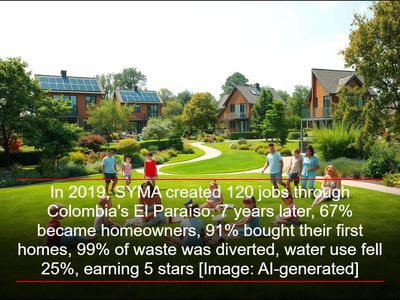 In 2019, SYMA created 120 jobs through Colombia's El Paraíso. 7 years later, 67% became homeowners, 91% bought their first homes, 99% of waste was diverted, water use fell 25%, earning 5 stars