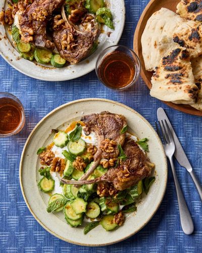 Rosie Mackean’s quick and easy recipe for lamb chops with courgettes, walnuts and yoghurt