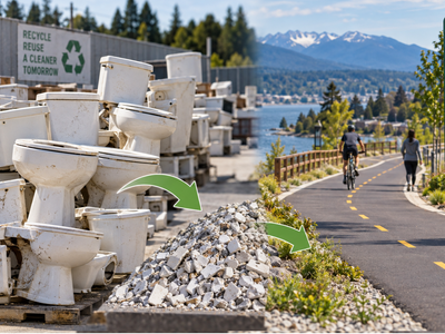 In 2012, Bellingham used porcelain from 400 recycled toilets to build a roadway, diverting about 5 tons of waste from landfill. It earned the world's first official "Greenroads" certification