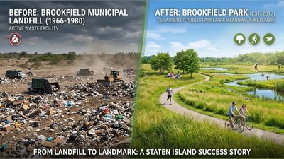 In 2010, New York spread 2 million tons of clean soil over a former landfill. 7 years later, the site reopened as a 258-acre park with wetlands, woodlands, ponds and trails
